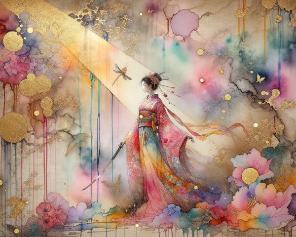 Figure in Kimono with Sword in Colorful Landscape