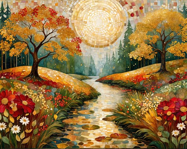 Mosaic Landscape with Autumn Trees and River Scene