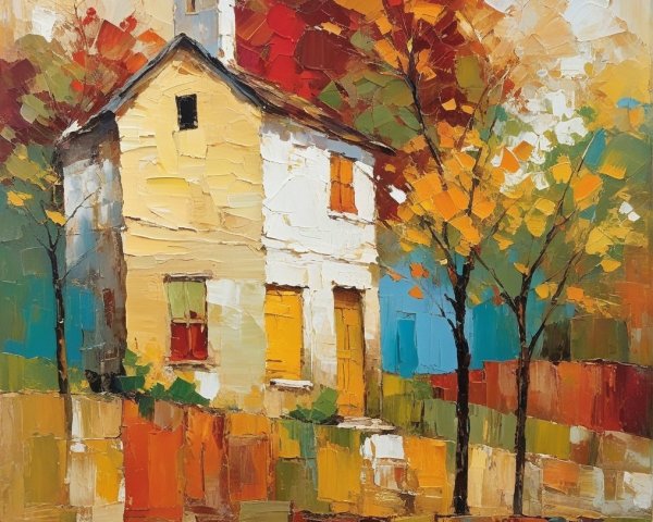 Abstract Painting of Autumn House and Trees