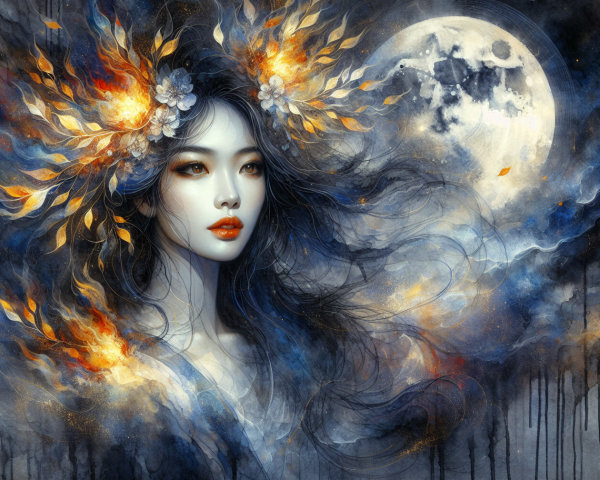Mystical Portrait of Woman in Flames and Moonlight