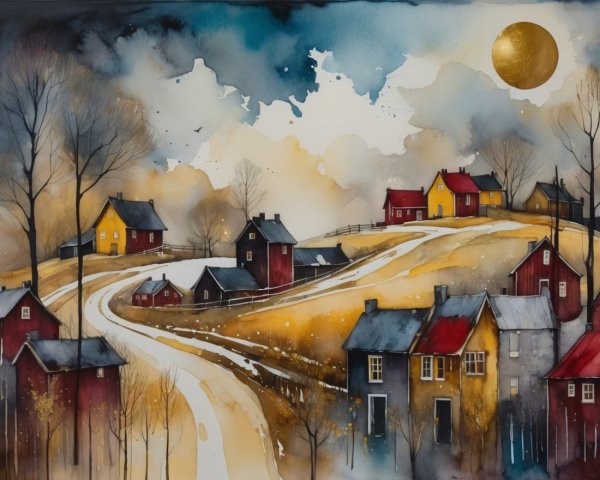 Watercolor Landscape of Rolling Hills and Quaint Houses
