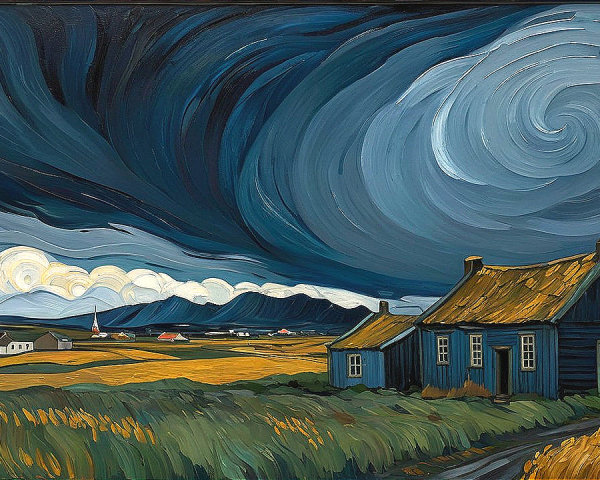 Dramatic Landscape with Blue House and Stormy Sky