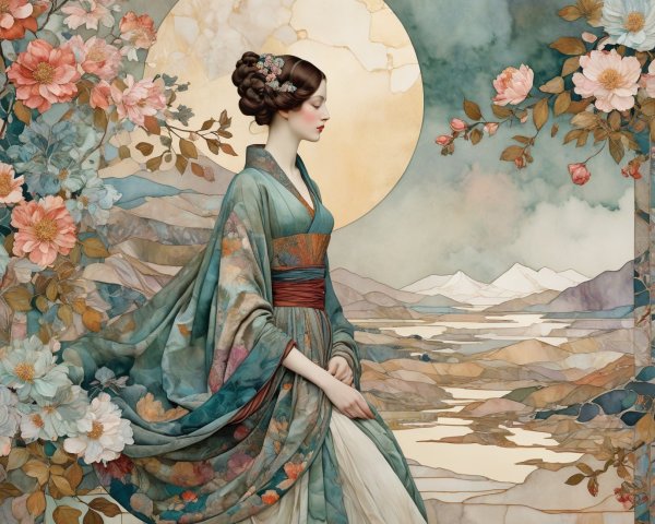 Serene Woman in Floral Kimono with Moonlit Mountains