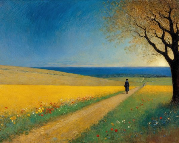 Serene Landscape with Path, Sea, and Vibrant Sky