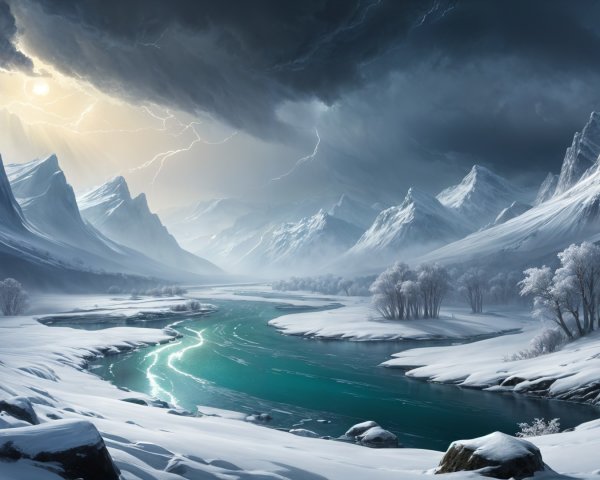 Winter Landscape with Snow-Capped Mountains and River