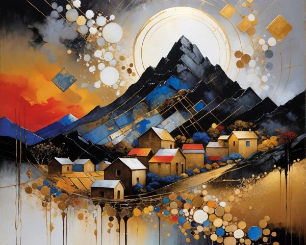 Abstract Landscape with Mountains and Colorful Houses