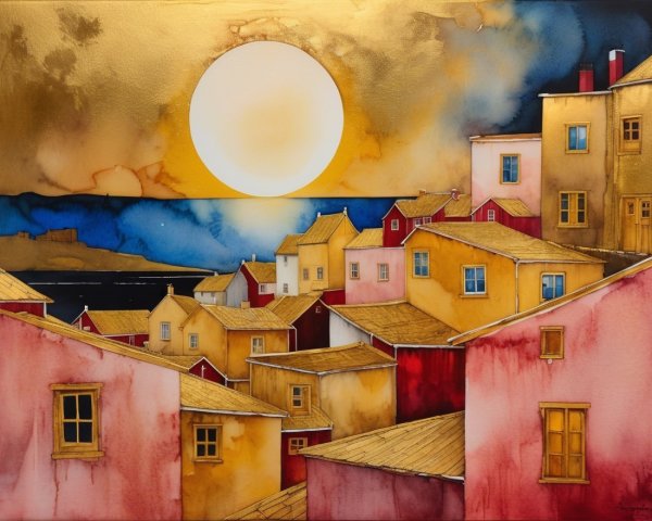 Vibrant Watercolor of Cozy Houses on a Hillside