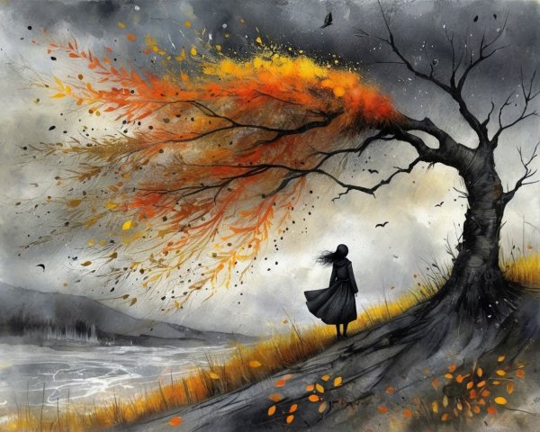 Lone Figure Under Gnarled Tree in Autumn Landscape