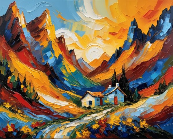 Vivid Impasto Oil Painting of Colorful Mountain Landscape