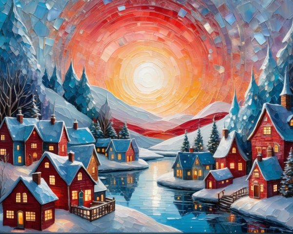 Stained-Glass Painting of a Winter Village at Sunrise