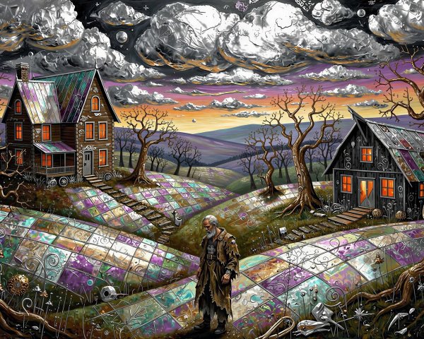 Old Man Walking Between Two Colorful Houses in Landscape