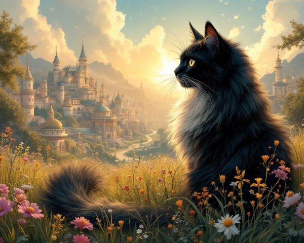 Majestic black cat in a colorful wildflower field