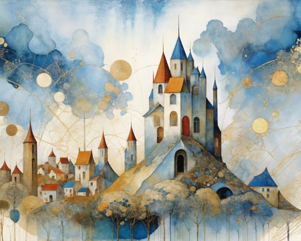 Whimsical Castle in Dreamy Landscape with Abstract Trees