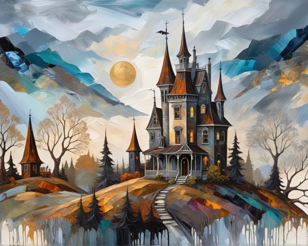 Whimsical Victorian Mansion in a Fantastical Landscape