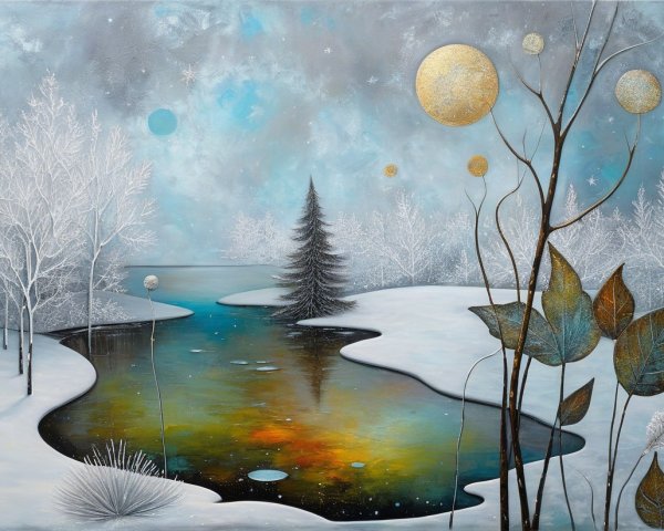 Serene Winter Landscape with Tranquil Pond and Trees