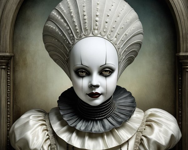 Porcelain Doll Figure with Intricate Headdress and Collar