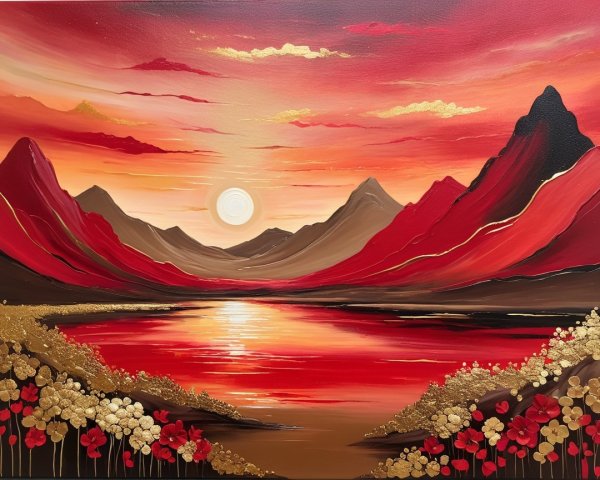 Vibrant Sunset Over Tranquil Landscape and Lake