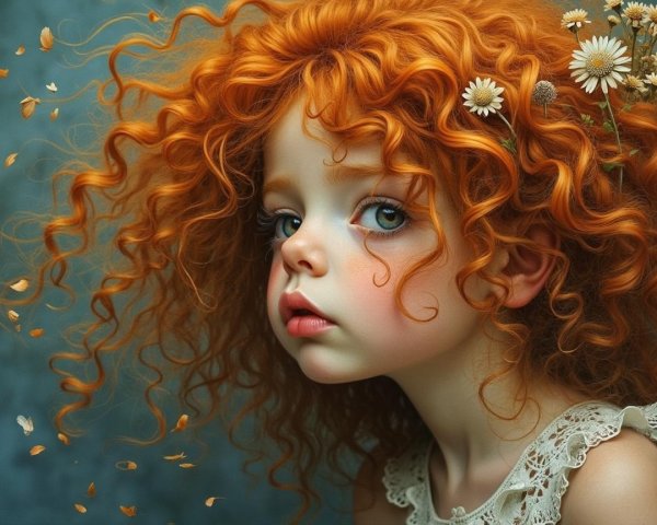 Young girl with red hair and floral accents in vintage style