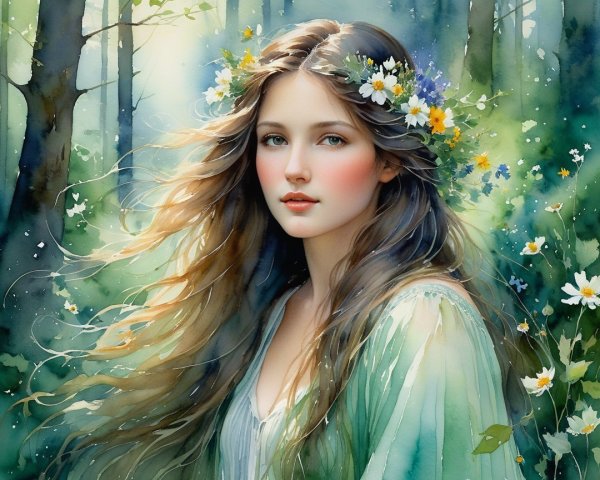 Serene Young Woman in Floral Crown in Forest Setting