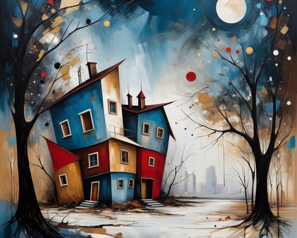 Whimsical Tilted House Under Dramatic Moonlit Sky