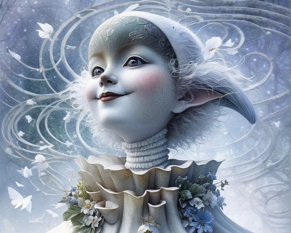 Whimsical Ethereal Figure with Floral Collar and Butterflies