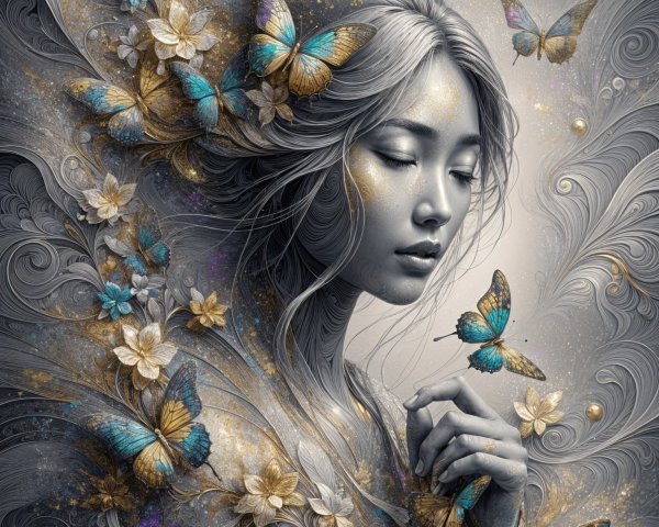 Serene Portrait of Woman with Nature Elements