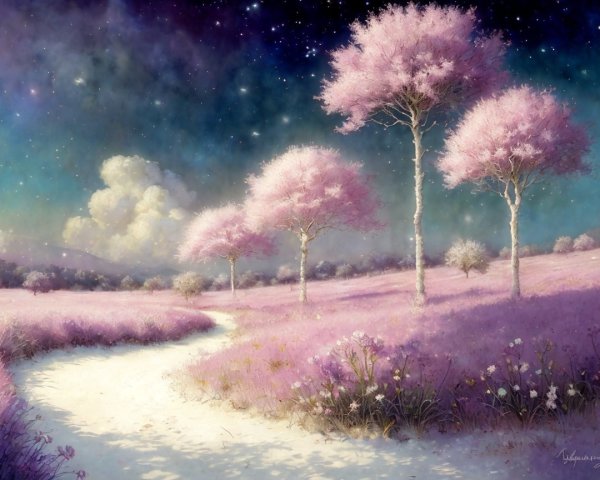 Serene Landscape with Pink Hues and Starry Sky