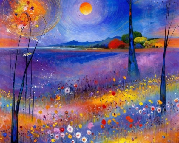 Surreal Landscape with Colorful Patterns and Flowers