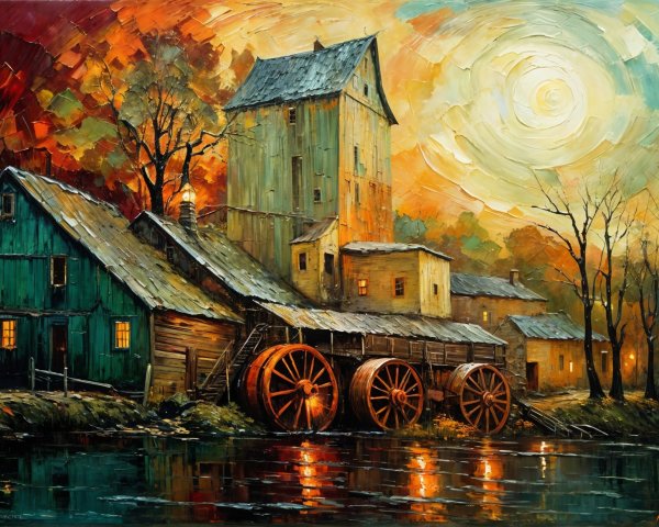 Autumn Watermill Scene by a Serene River