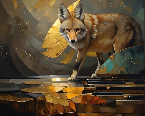 Stylized coyote against abstract gold backdrop