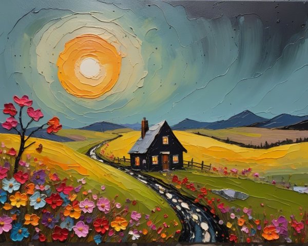 Vibrant Landscape with Cottage and Colorful Flowers