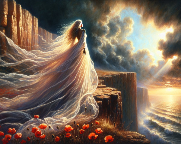 Mystical Figure on Cliff Overlooking Turbulent Sea