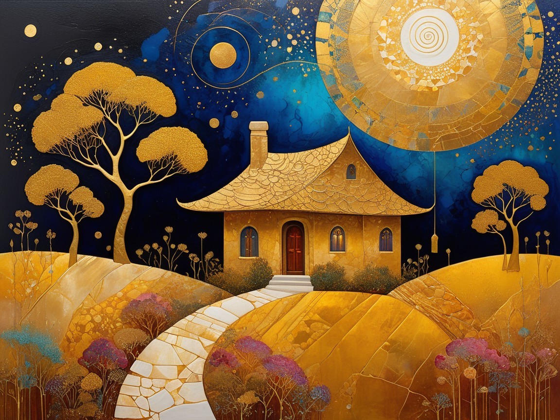 Fantastical Night Landscape with Golden House and Sun