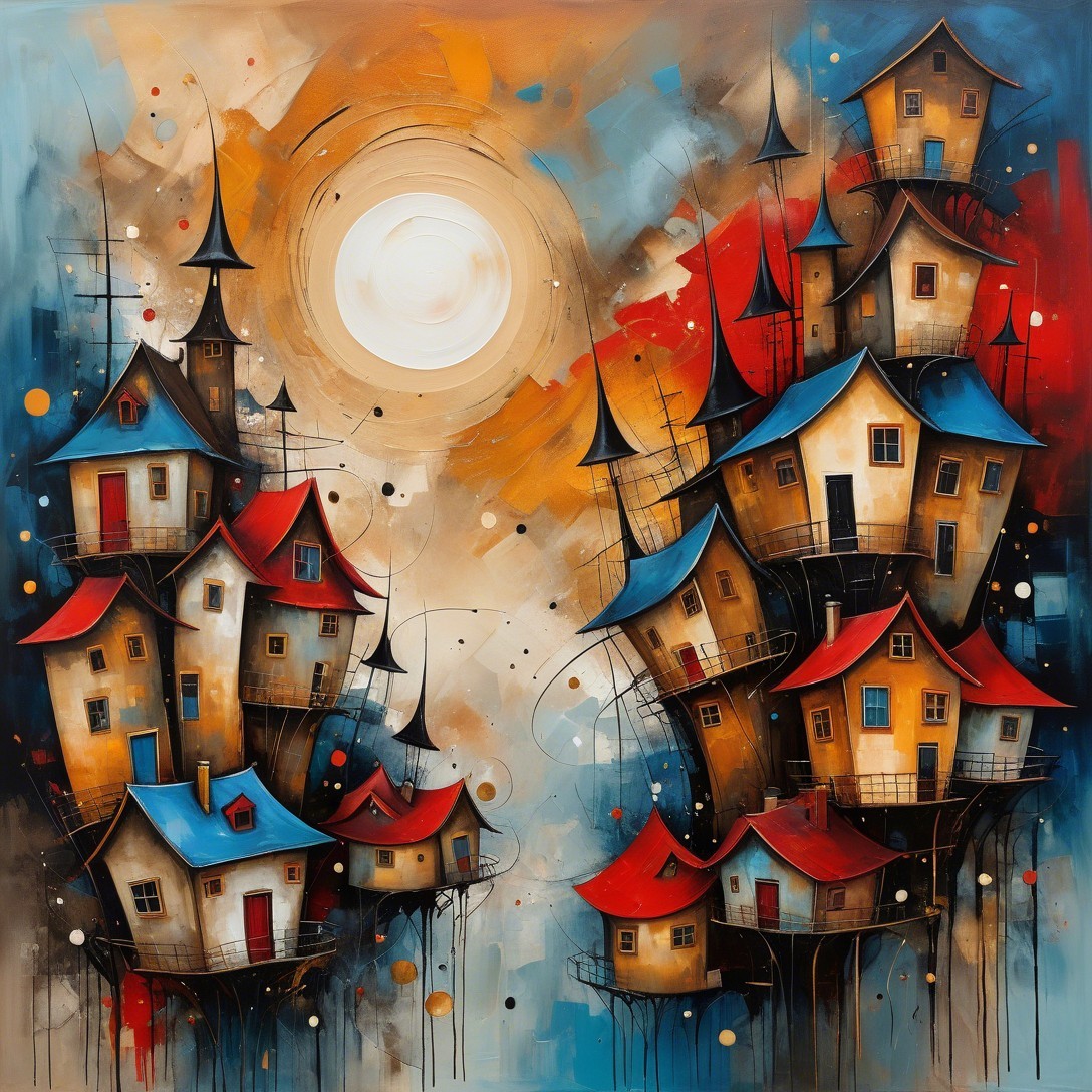 Whimsical Landscape with Colorful Houses and Sun