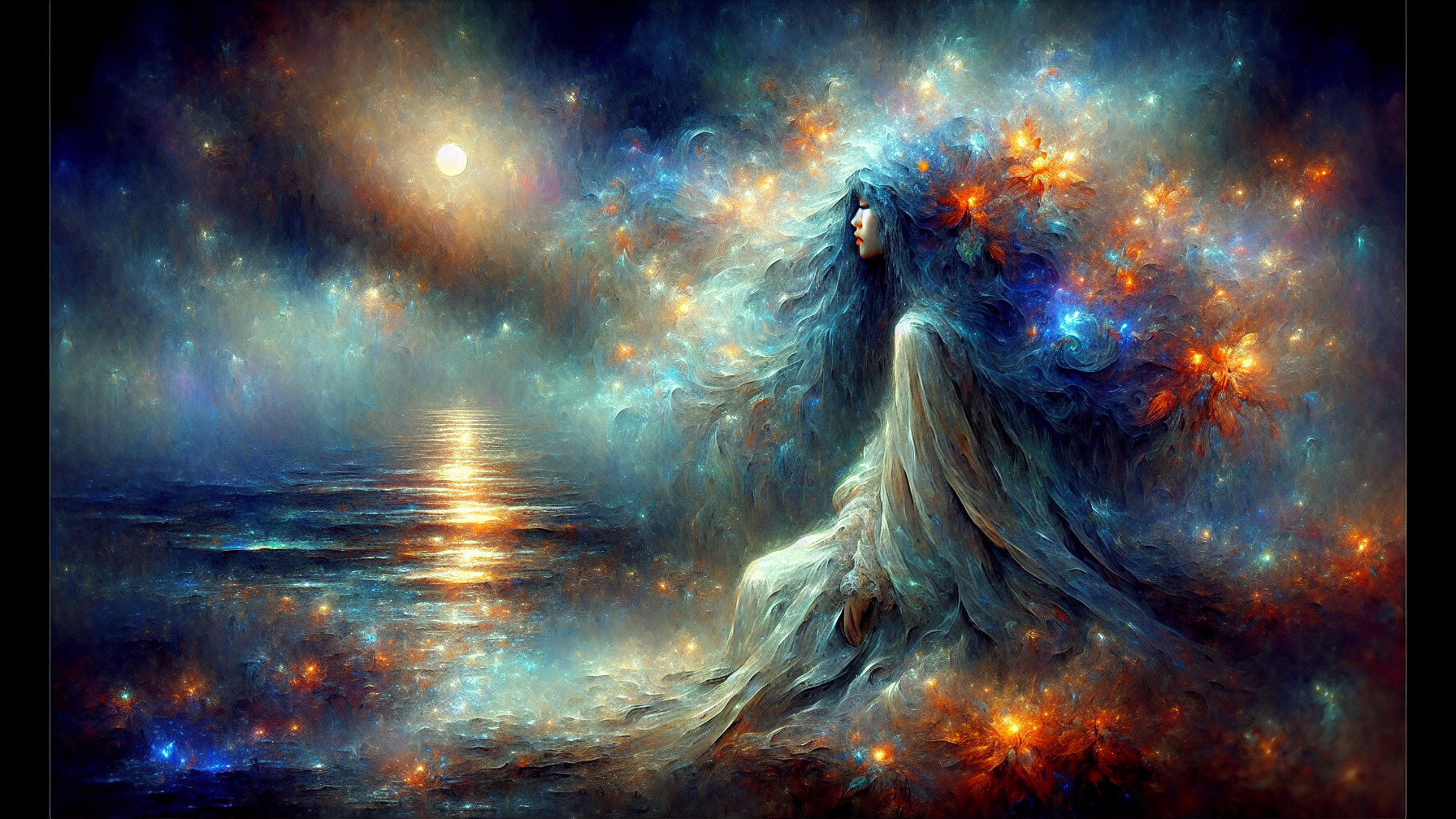 Ethereal Figure by a Shimmering Sea at Night