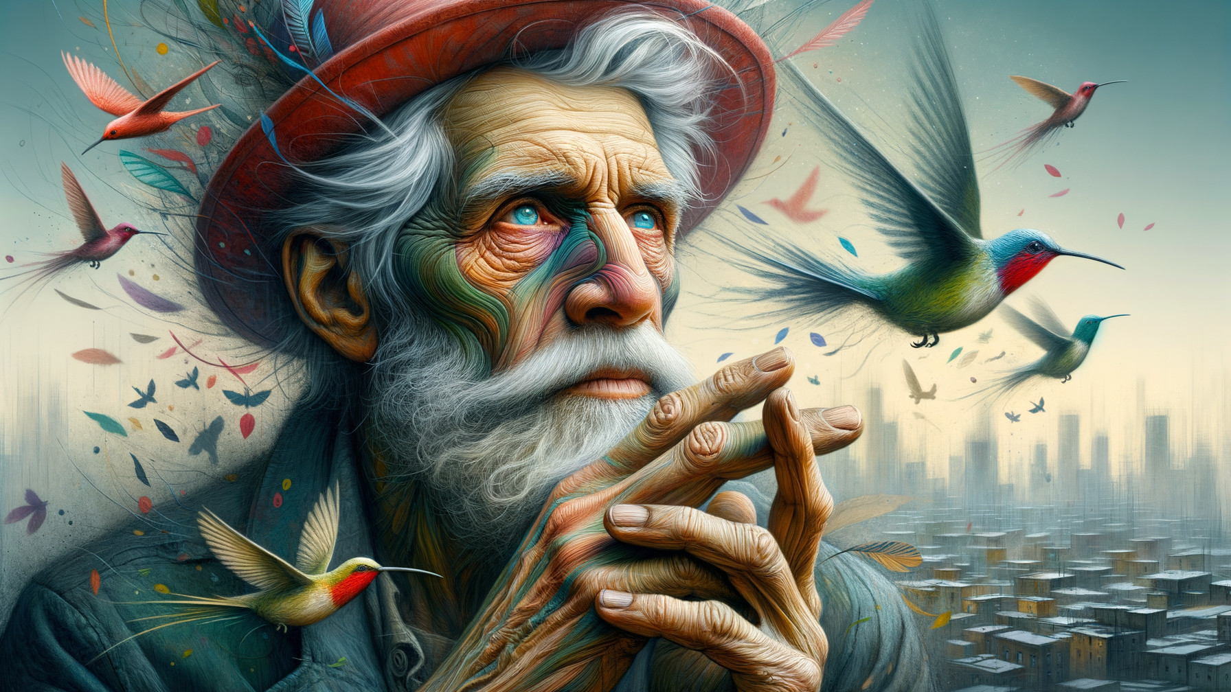 Elderly Man in Red Hat Surrounded by Hummingbirds