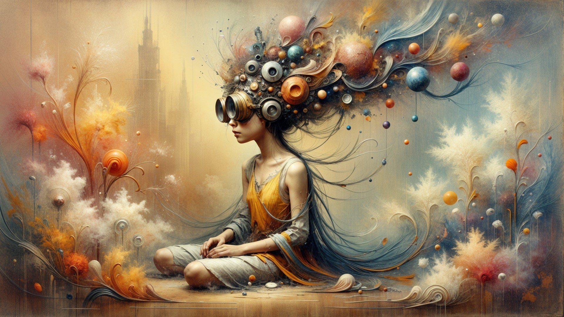 Whimsical Figure with Vibrant Hairpiece in Surreal Setting