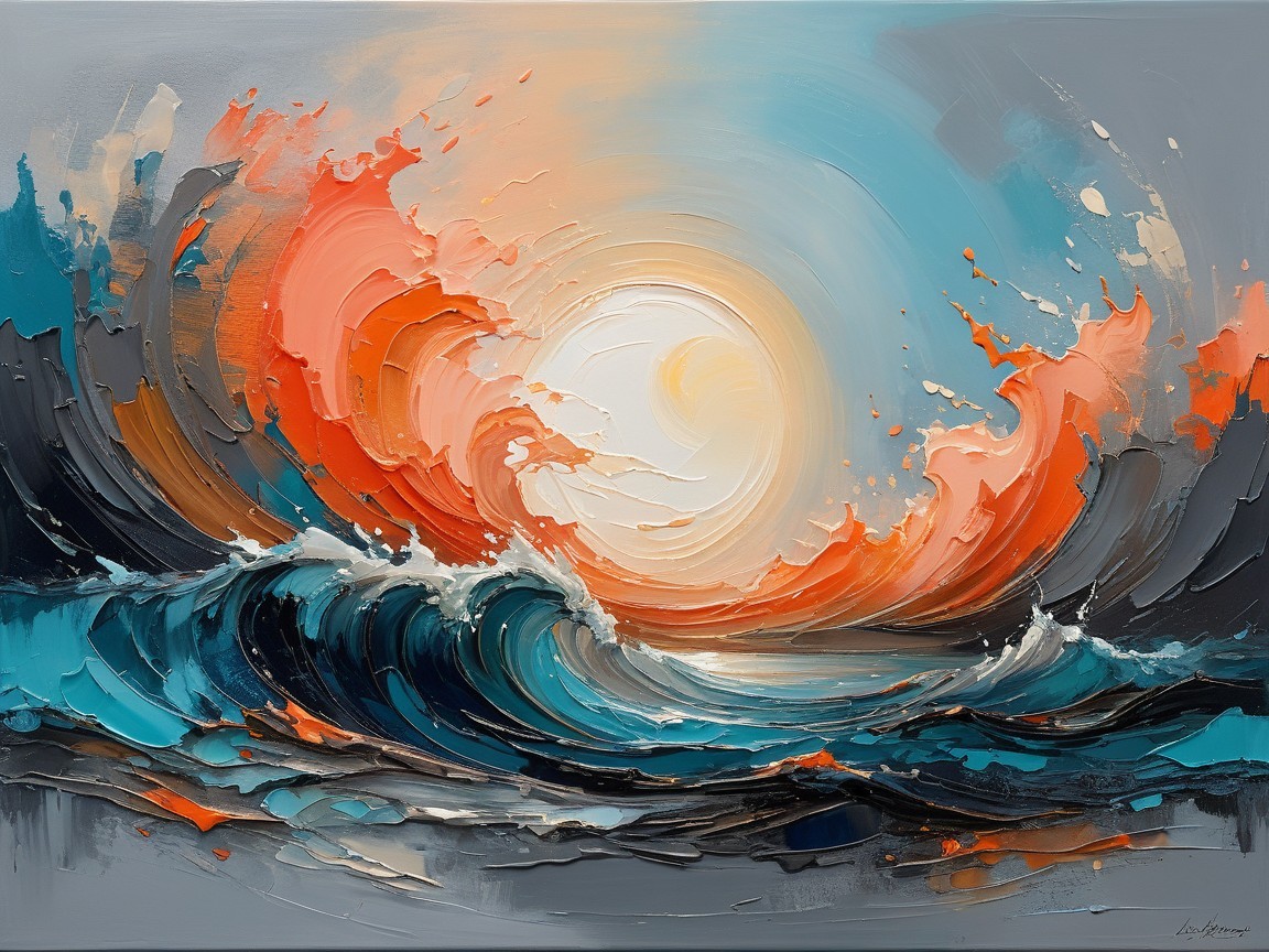Vibrant Abstract Painting of Ocean Waves and Sun