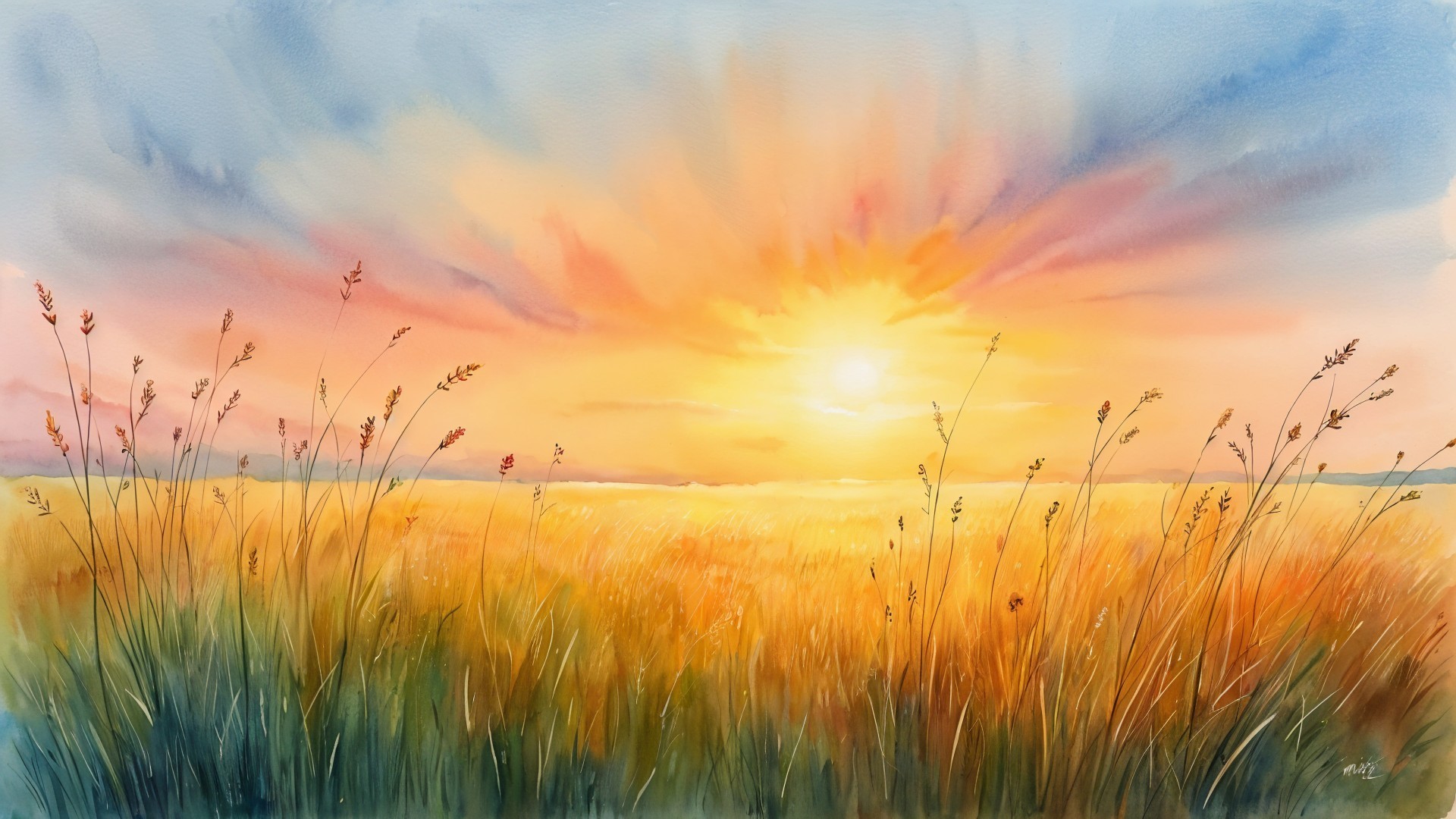 Serene Sunset Over a Tranquil Landscape Field