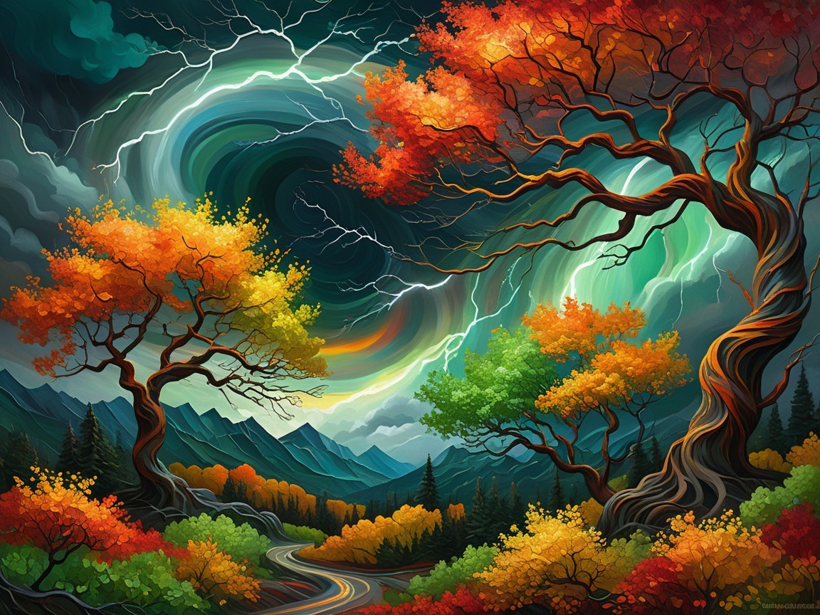 Vibrant Landscape with Swirling Sky and Colorful Trees