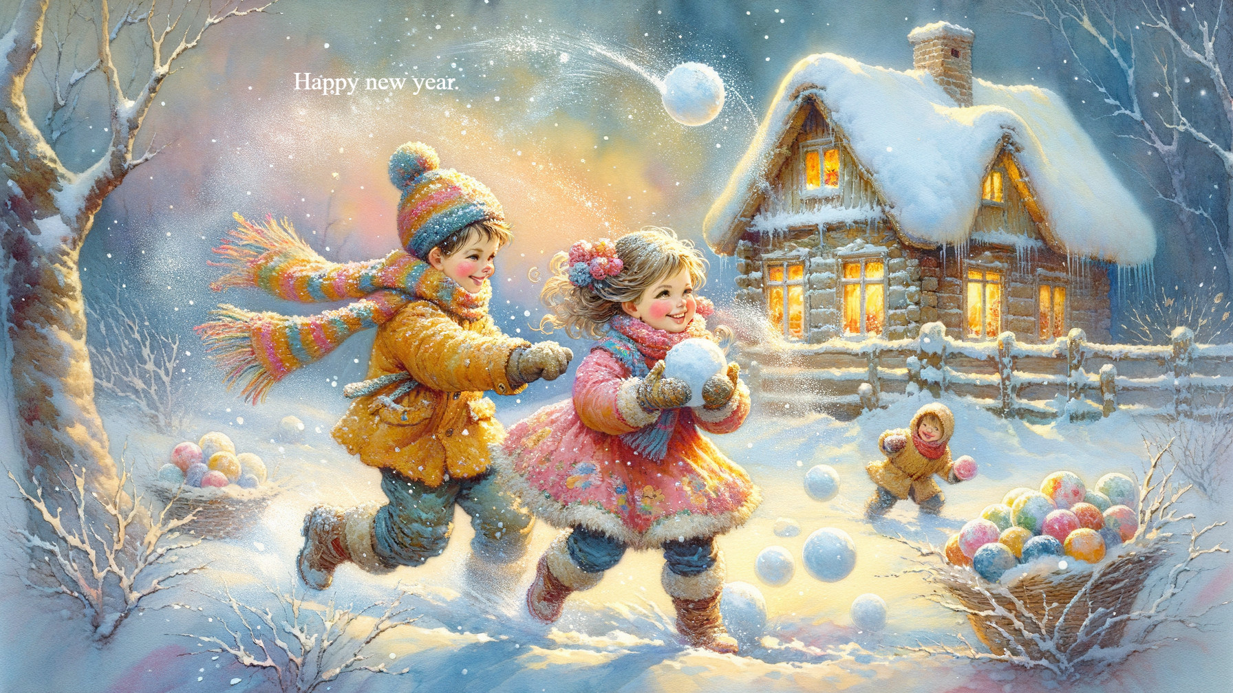 Children Playing in Snow with Cabin Background