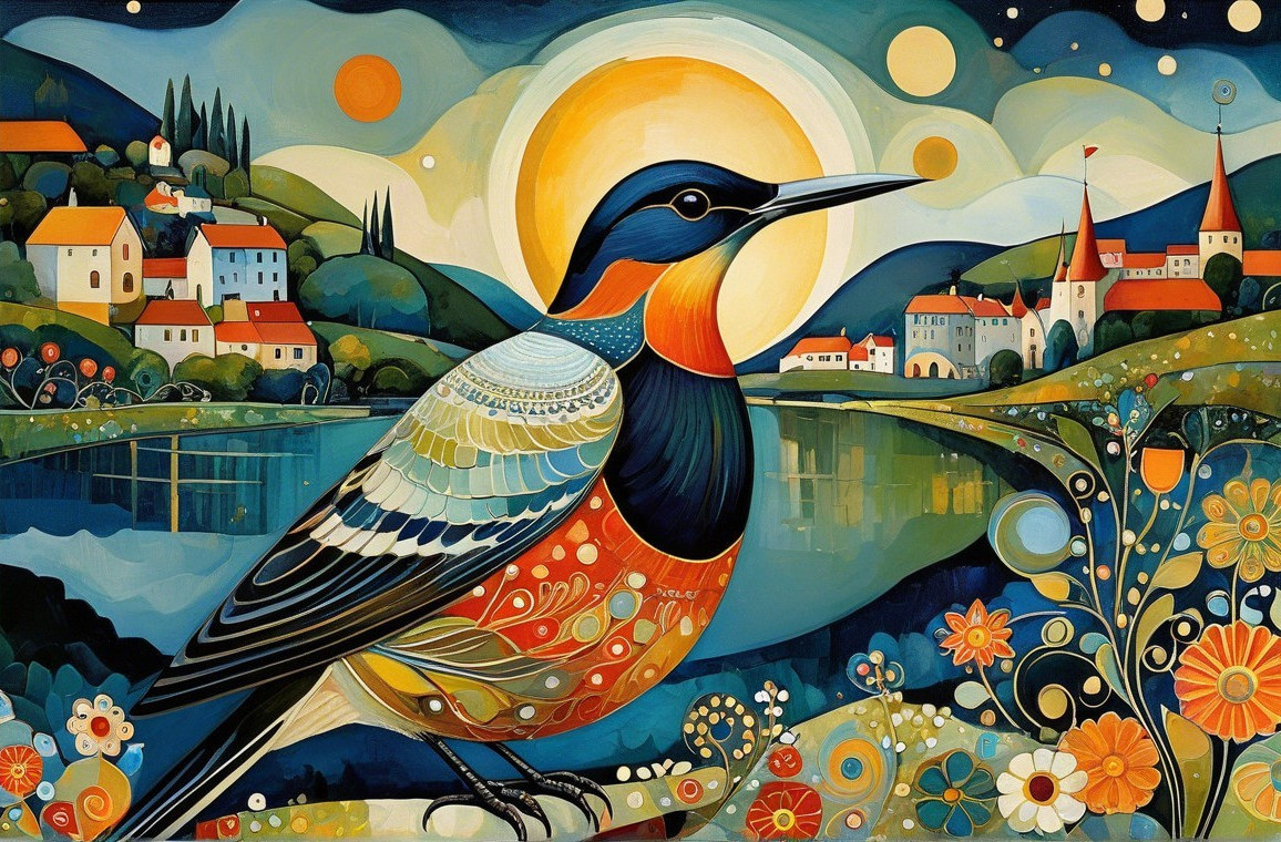 Colorful Bird Artwork with Serene Landscape Elements