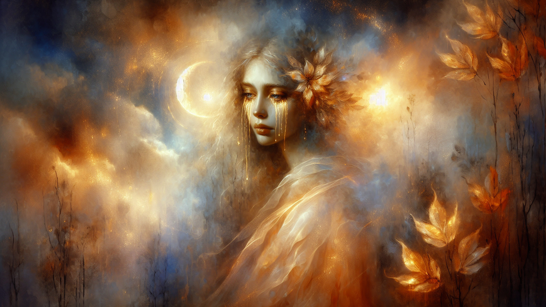 Mystical Woman Portrait with Ethereal Clouds and Moons