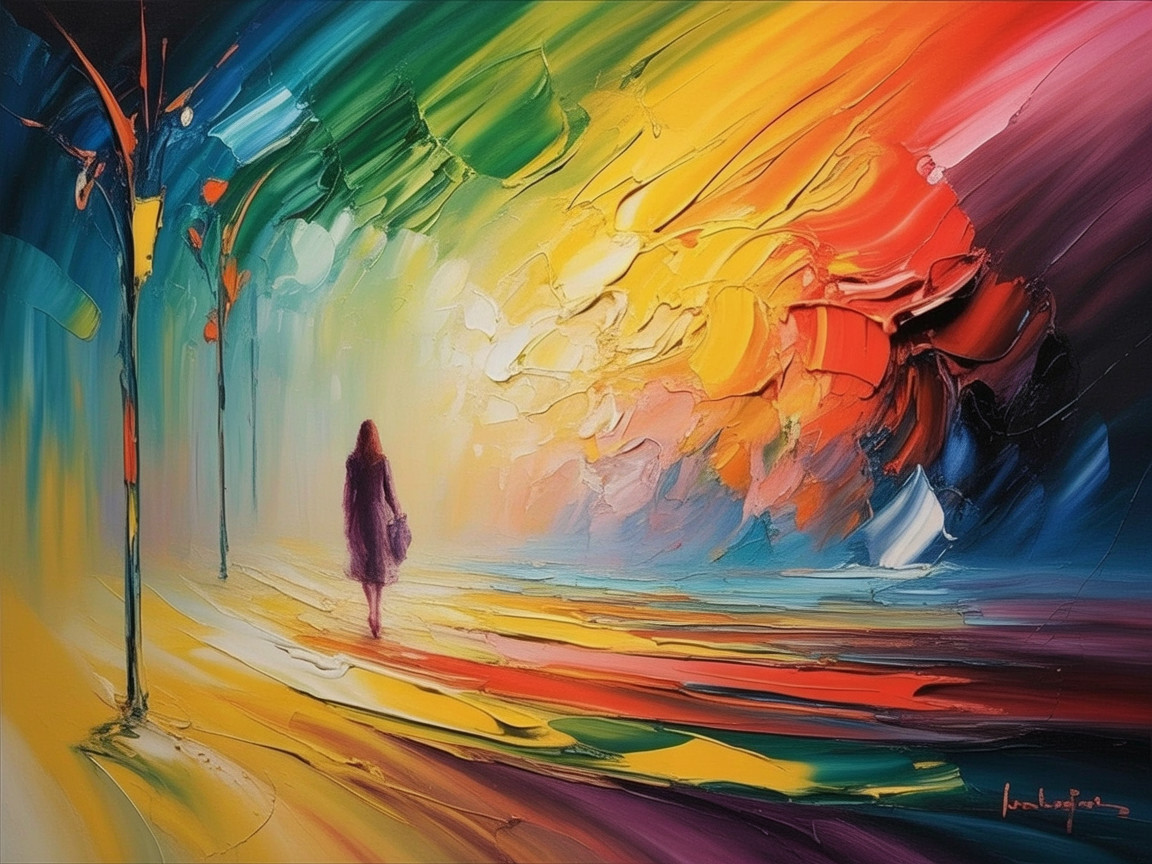 Abstract Pathway with Vibrant Colors and Solitary Figure