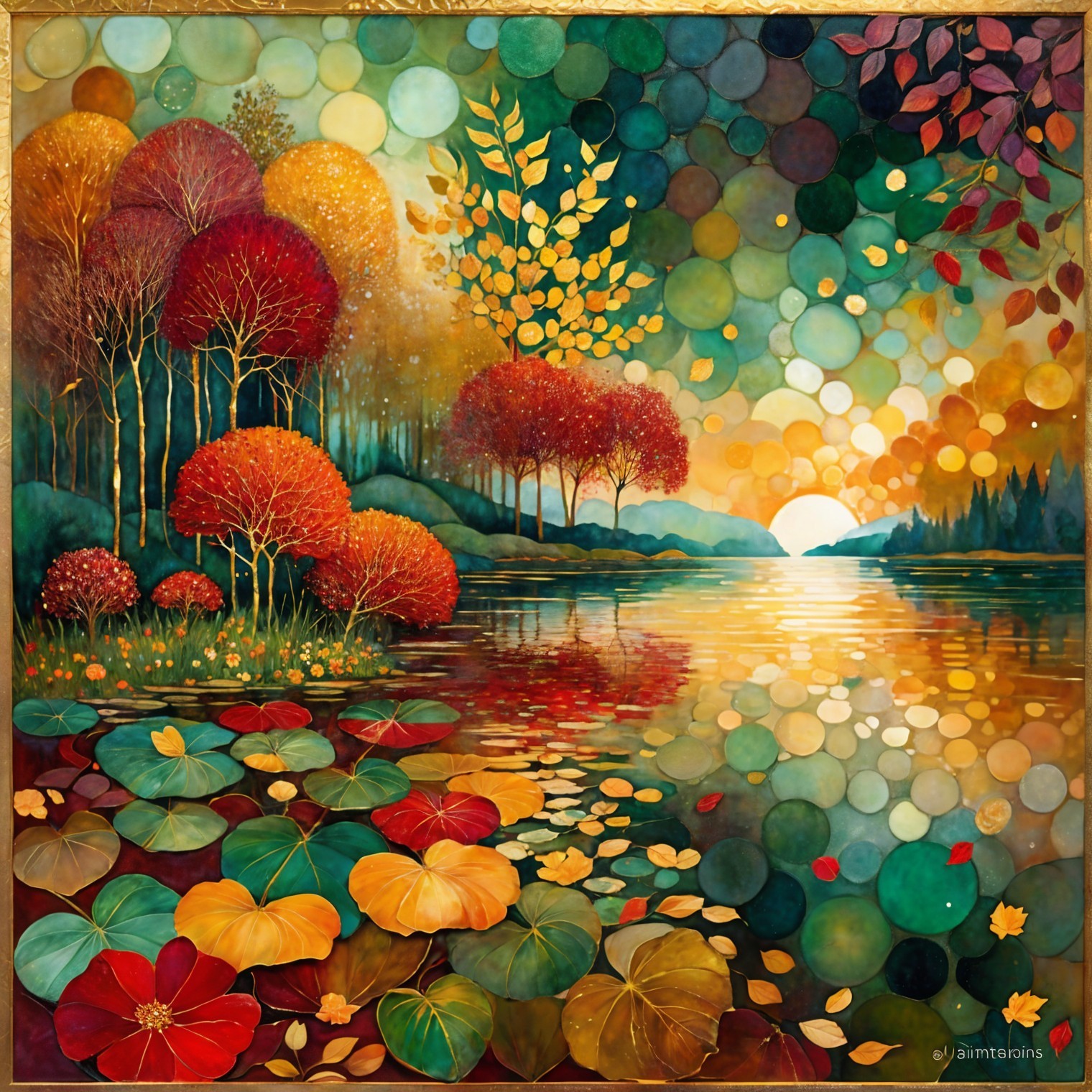 Vibrant Landscape with Autumn Trees and Sunset Lake
