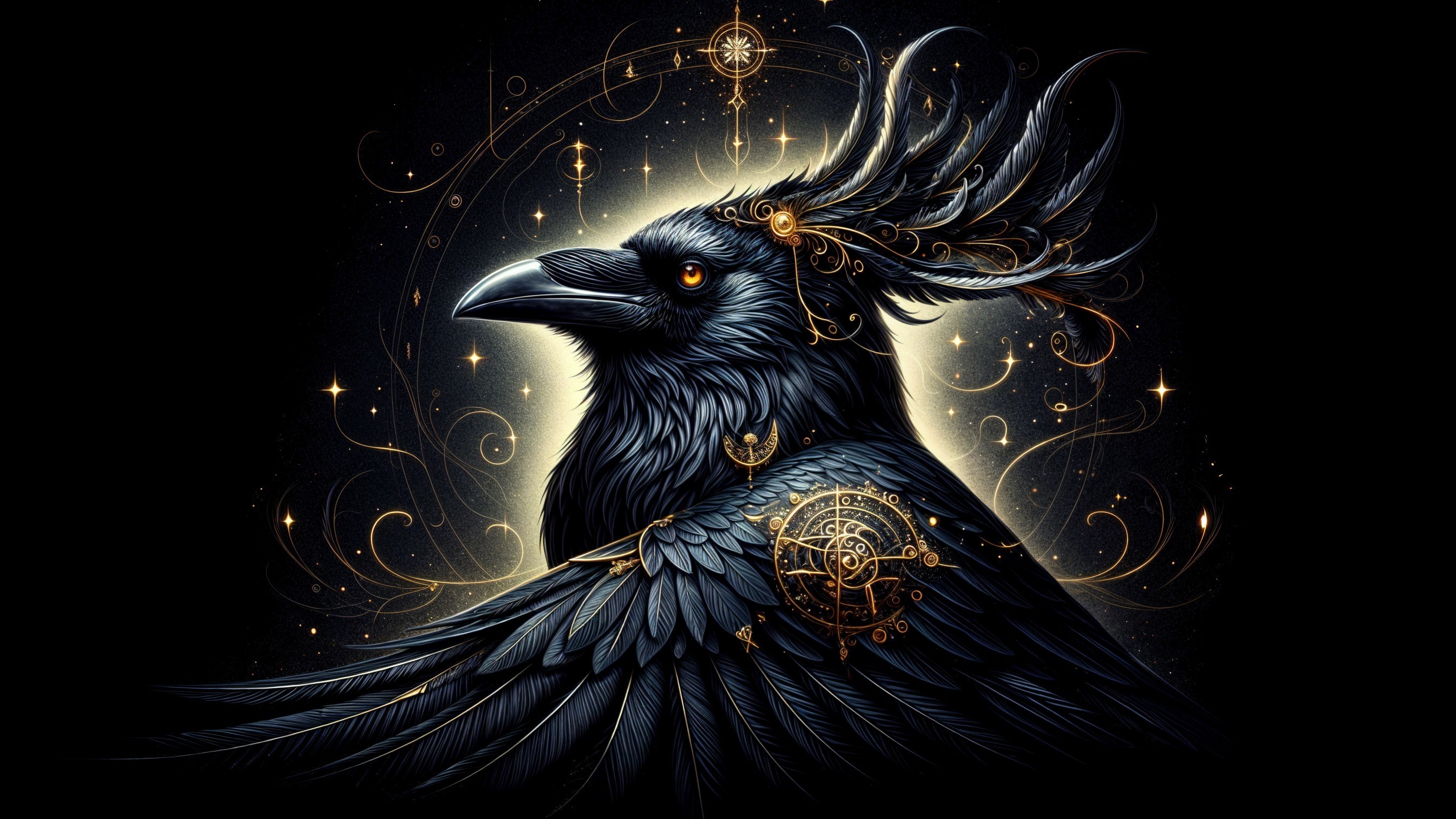 Majestic Raven with Glossy Black Plumage and Symbols