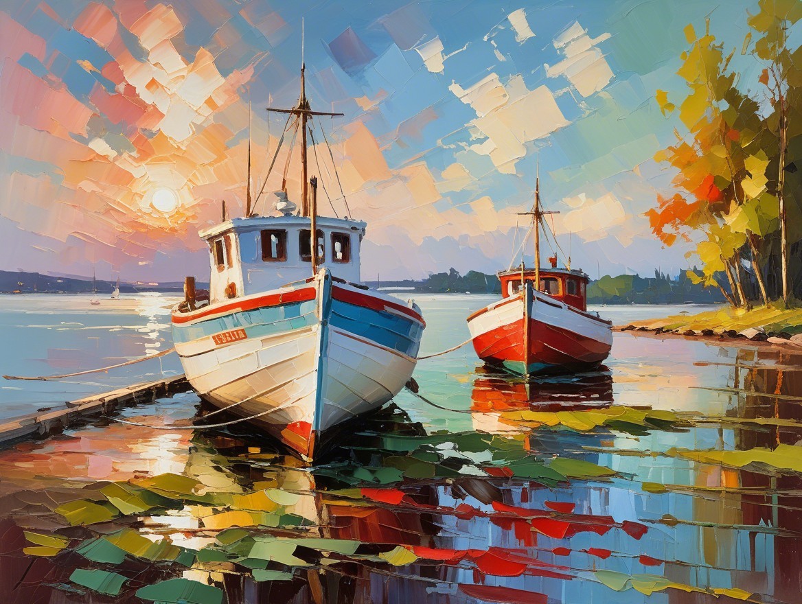 Boats Moored at Sunset by a Serene Lake