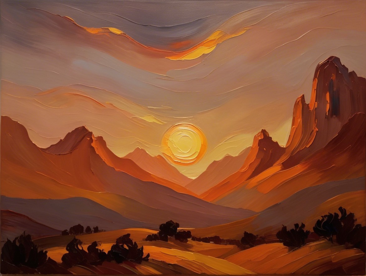 Vibrant Landscape with Dramatic Mountains and Sunset