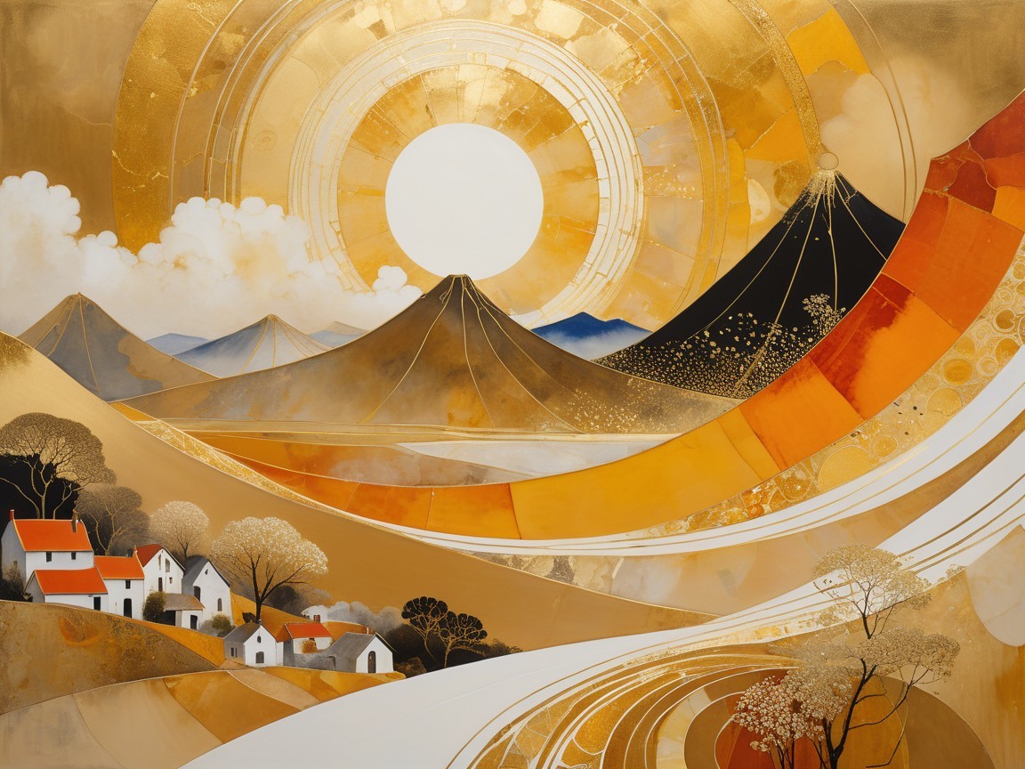 Golden Landscape with Mountains and Quaint Houses