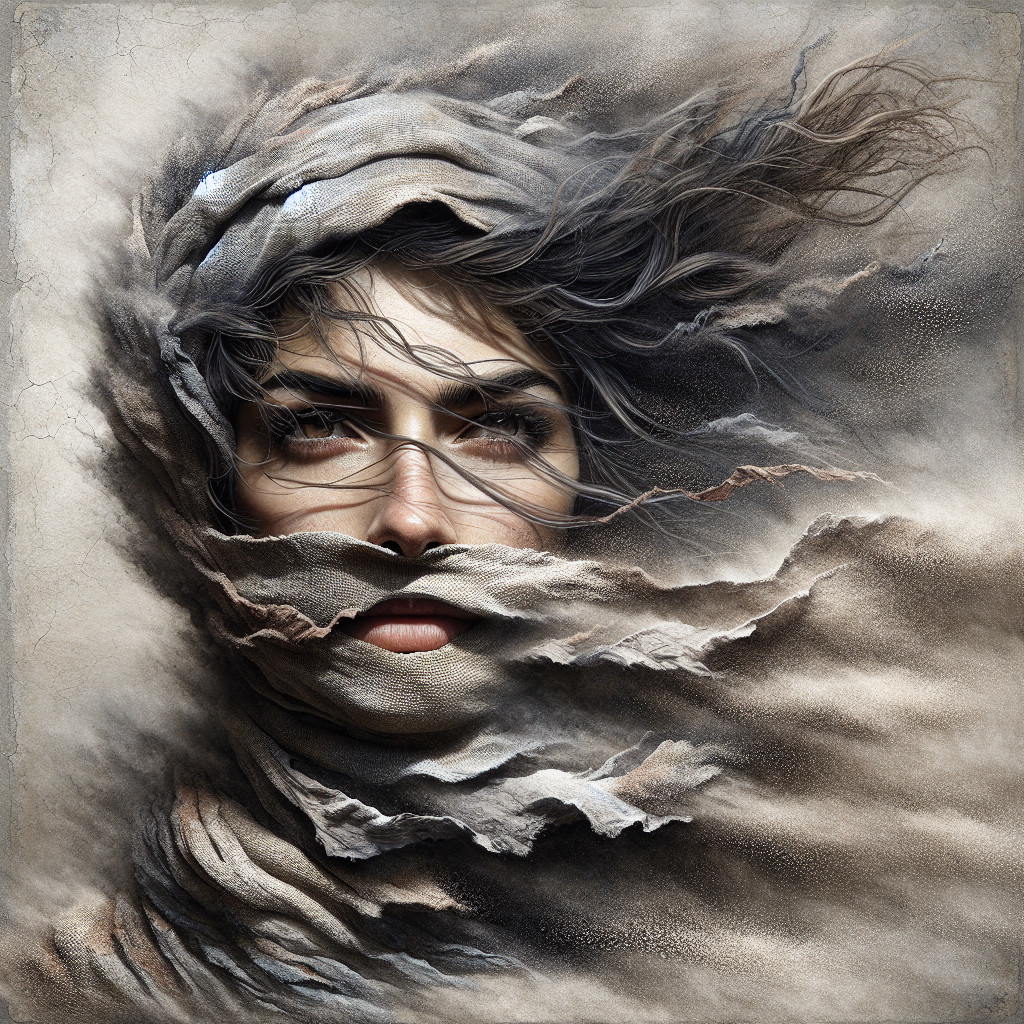 Close-up of a woman's face with textured fabrics